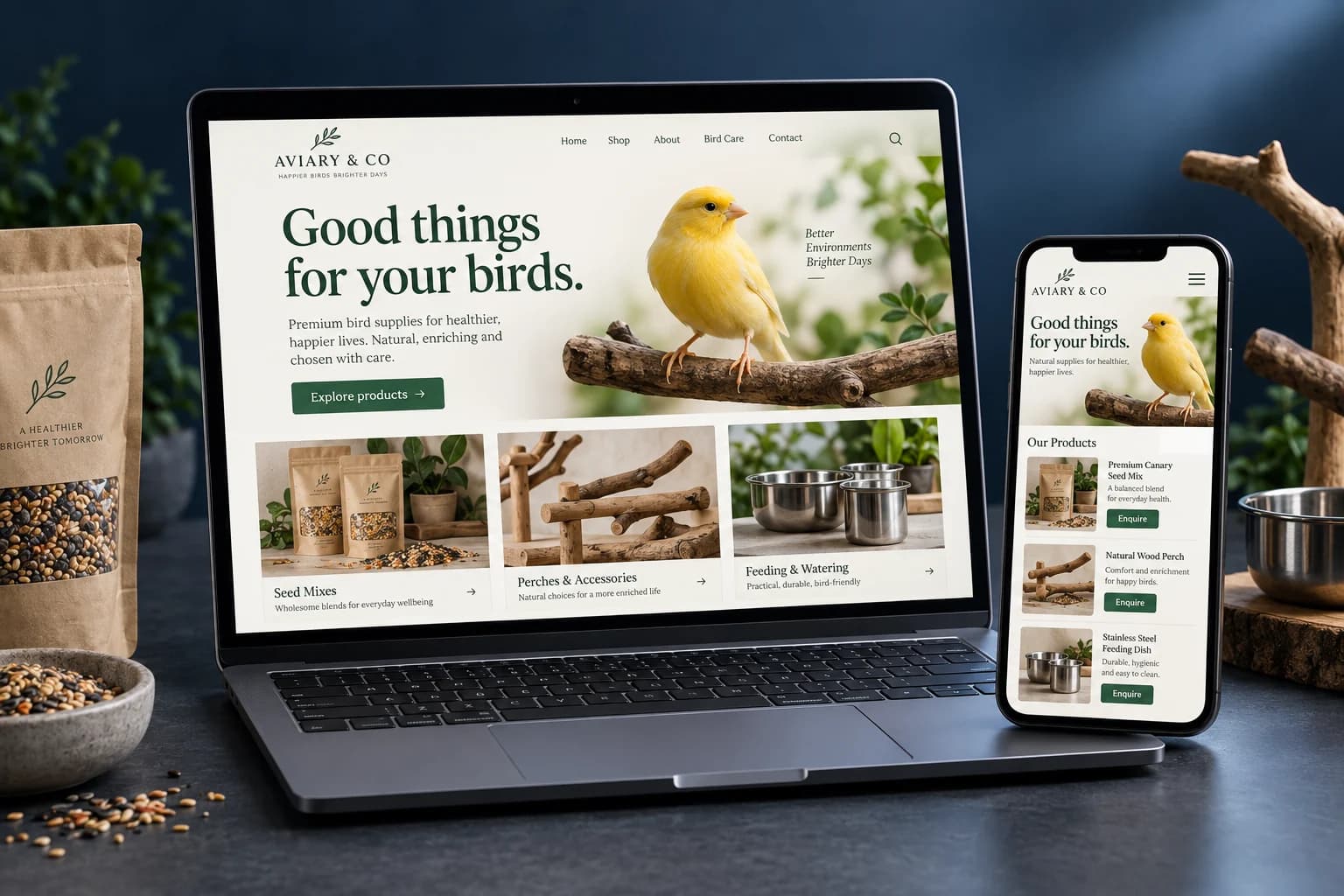 Example bird supplies website on laptop and mobile, showing seed mixes, natural perches and product enquiry buttons