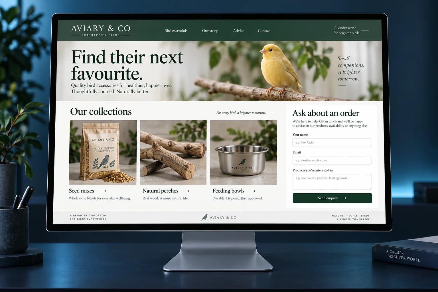 Bird accessories showcase concept with product photographs and an Ask about an order contact form