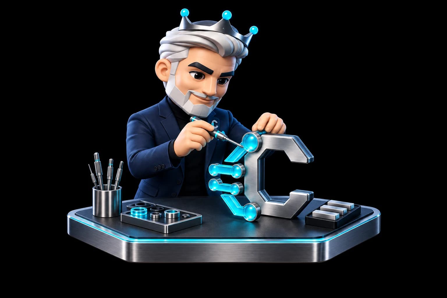 The fictional King mascot assembling C King’s silver and cyan circuit emblem at a design workbench