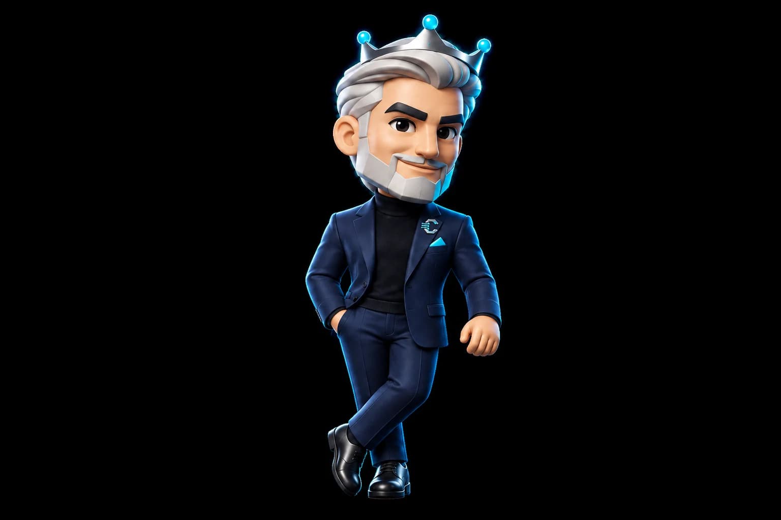 King, C King Digital’s illustrated brand mascot, wearing a navy suit, silver circuit crown and C lapel badge